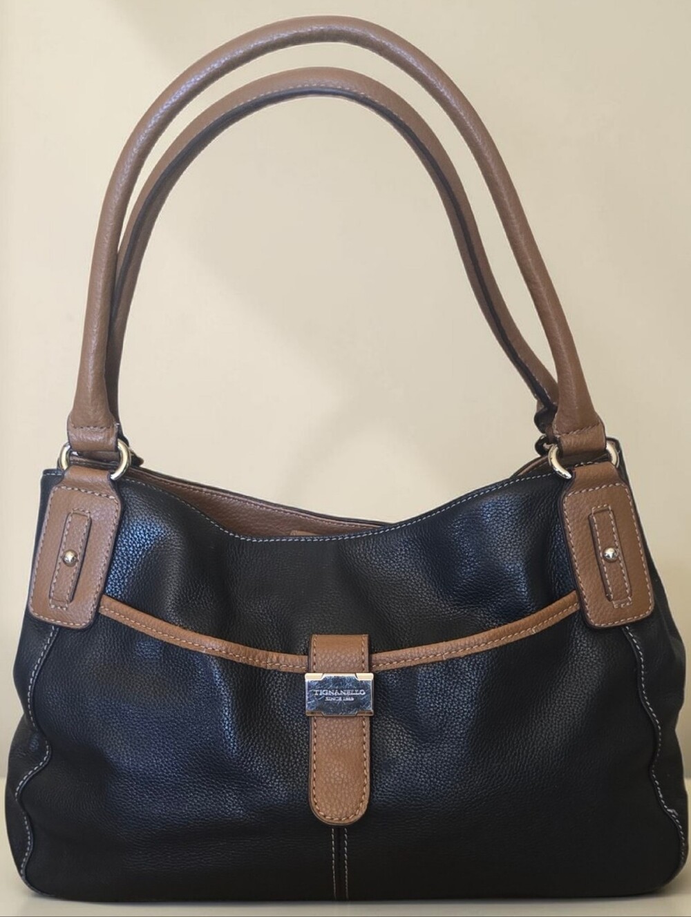 Tignanello Black Pebbled Leather Brown Trim Handbag Shoulder Bag Satchel